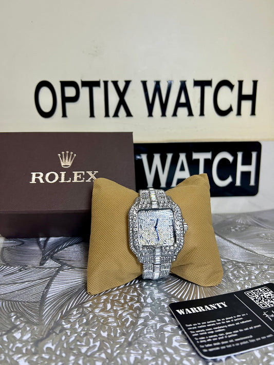 Gents Rolex Arabic Dial Iced Out Watch (Silver)