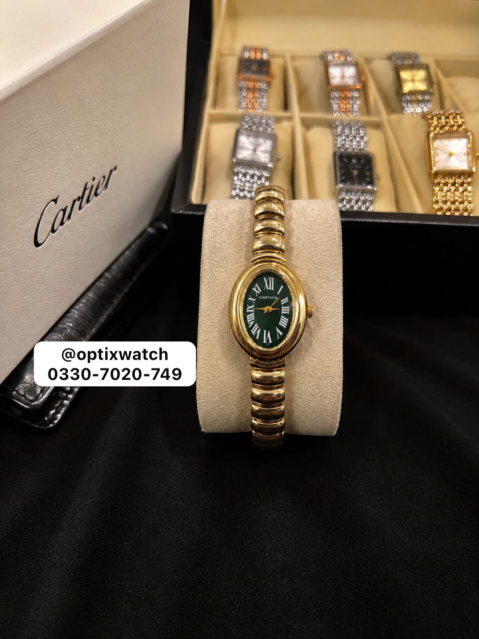 Cartier Oval Golden Chain Black Dial With Cartier Box & One Year Warranty