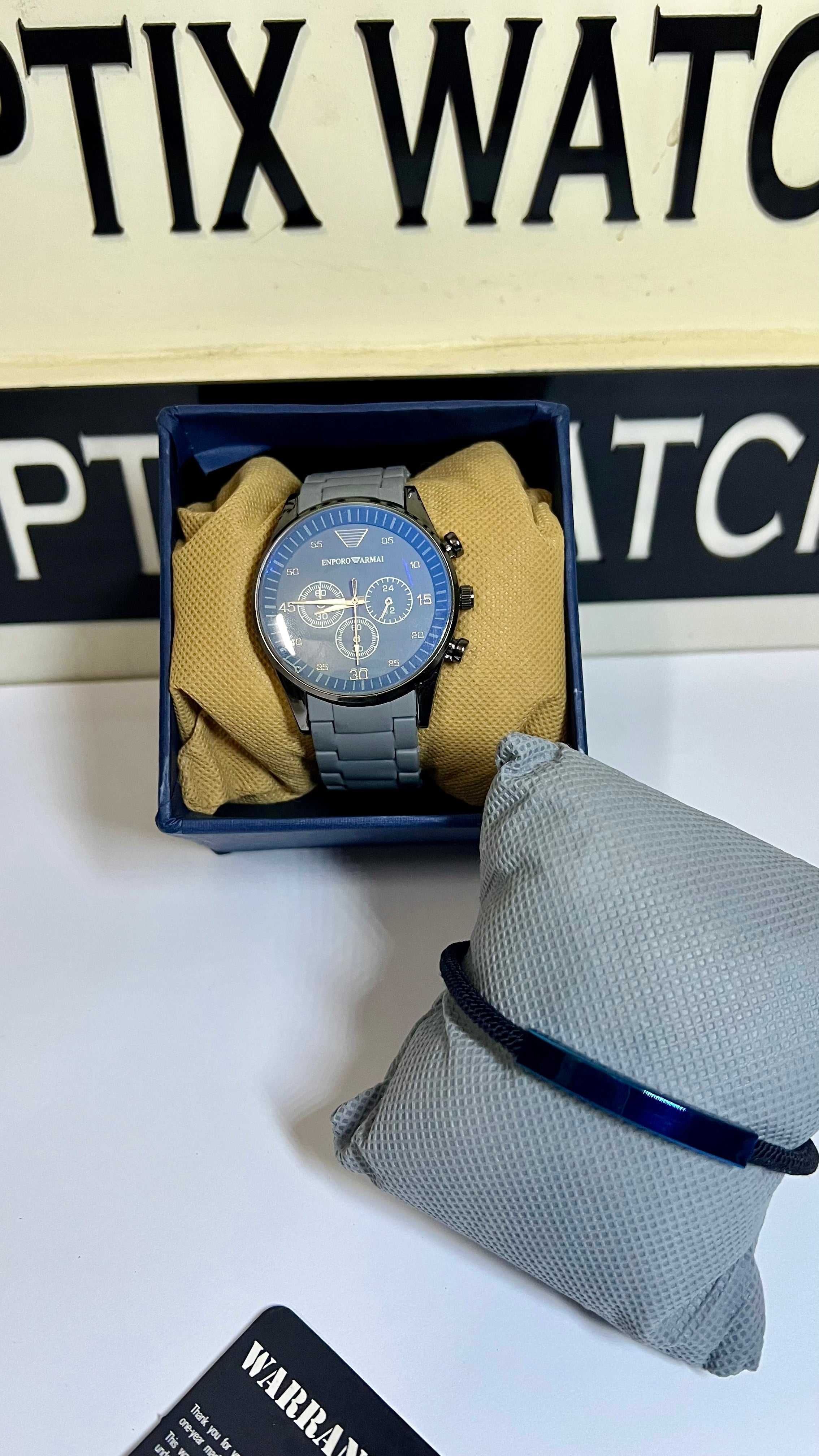 Gray Black Armani Silicone Chain + Blue Bracelet (Bundle Offer)