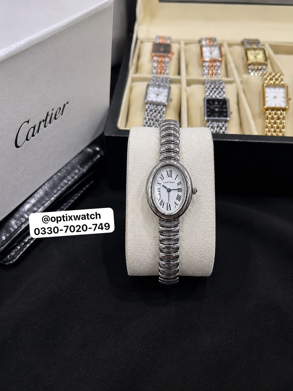Cartier Oval Silver Chain White Dial With Cartier Box & One Year Warranty