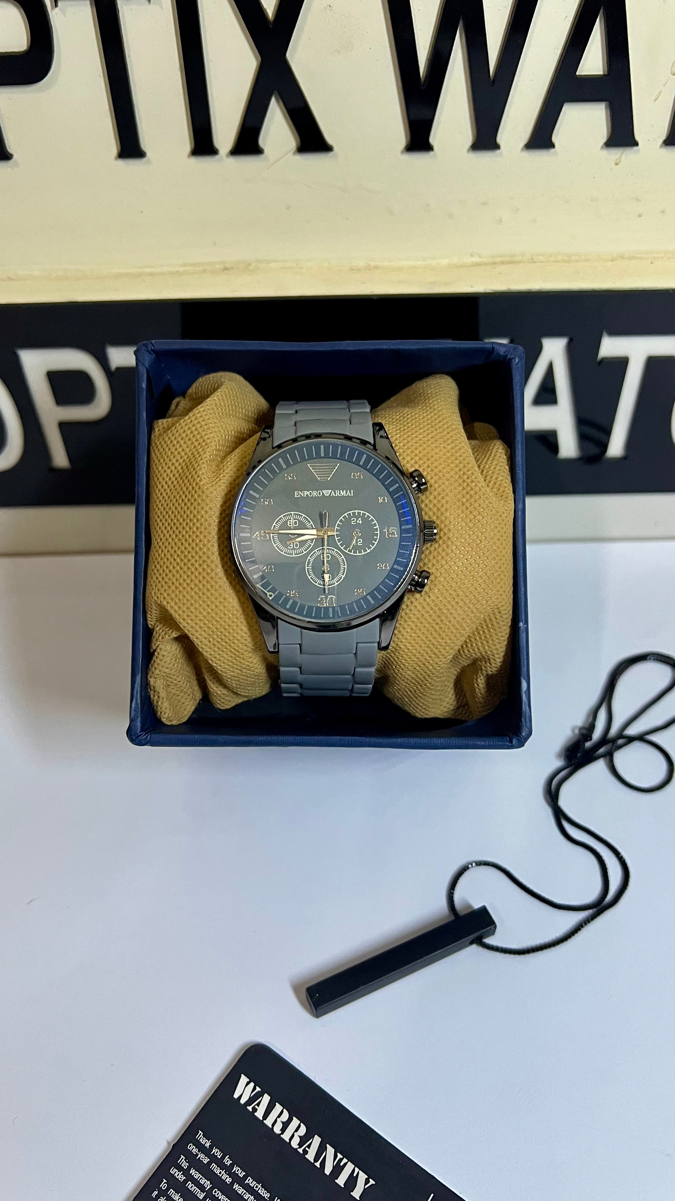 Gray Black Armani Silicone Chain + Black Bar Locket (Bundle Offer)