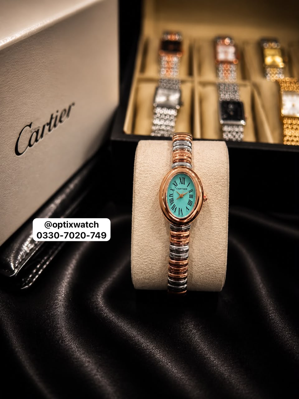 Cartier Oval Two Tone Golden Chain Tiffany Dial With Cartier Box & One Year Warranty