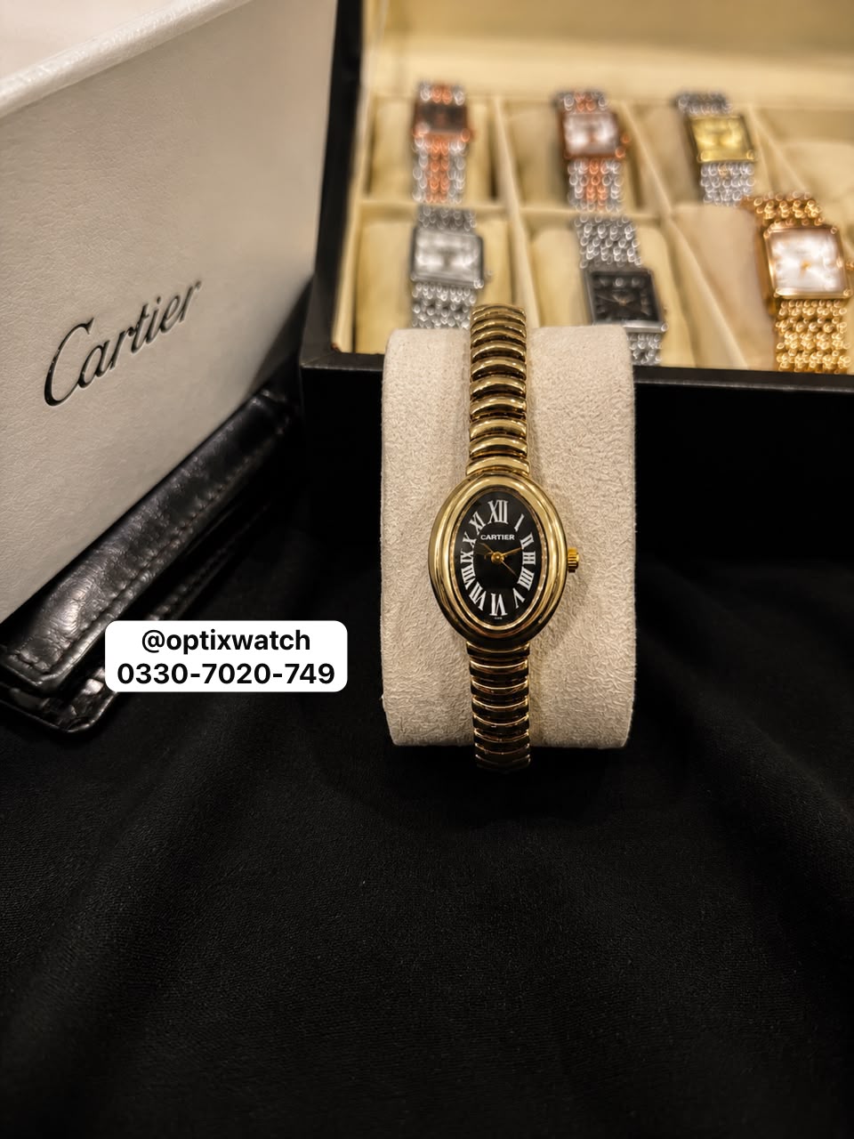 Cartier Oval Two Tone Golden Chain Black Dial With Cartier Box & One Year Warranty