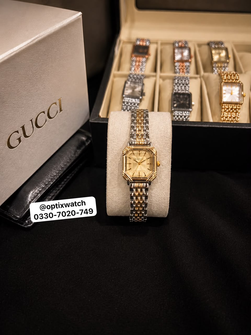 Gucci Square Golden Chain Golden Dial With Gucci Box & One Year Warranty