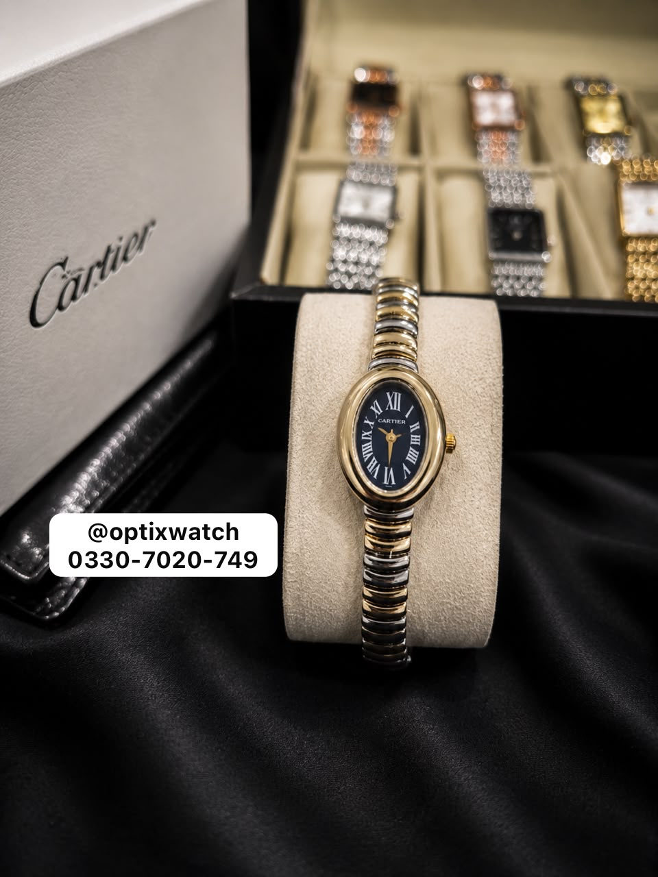 Cartier Oval Two Tone Golden Chain Black Dial With Cartier Box & One Year Warranty