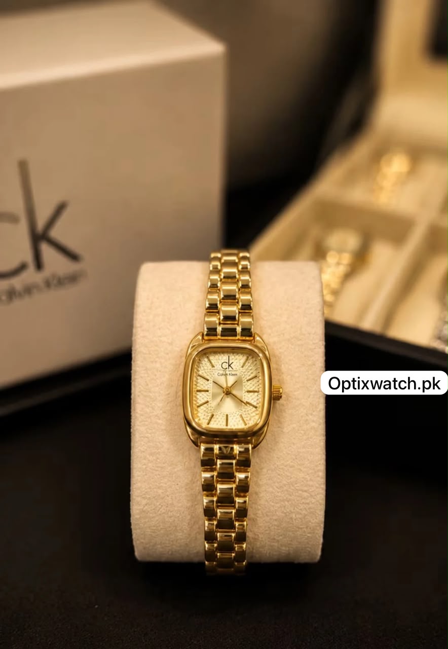 Calvin Klein Square Golden Chain Golden Dial With CK Box & One Year Warranty