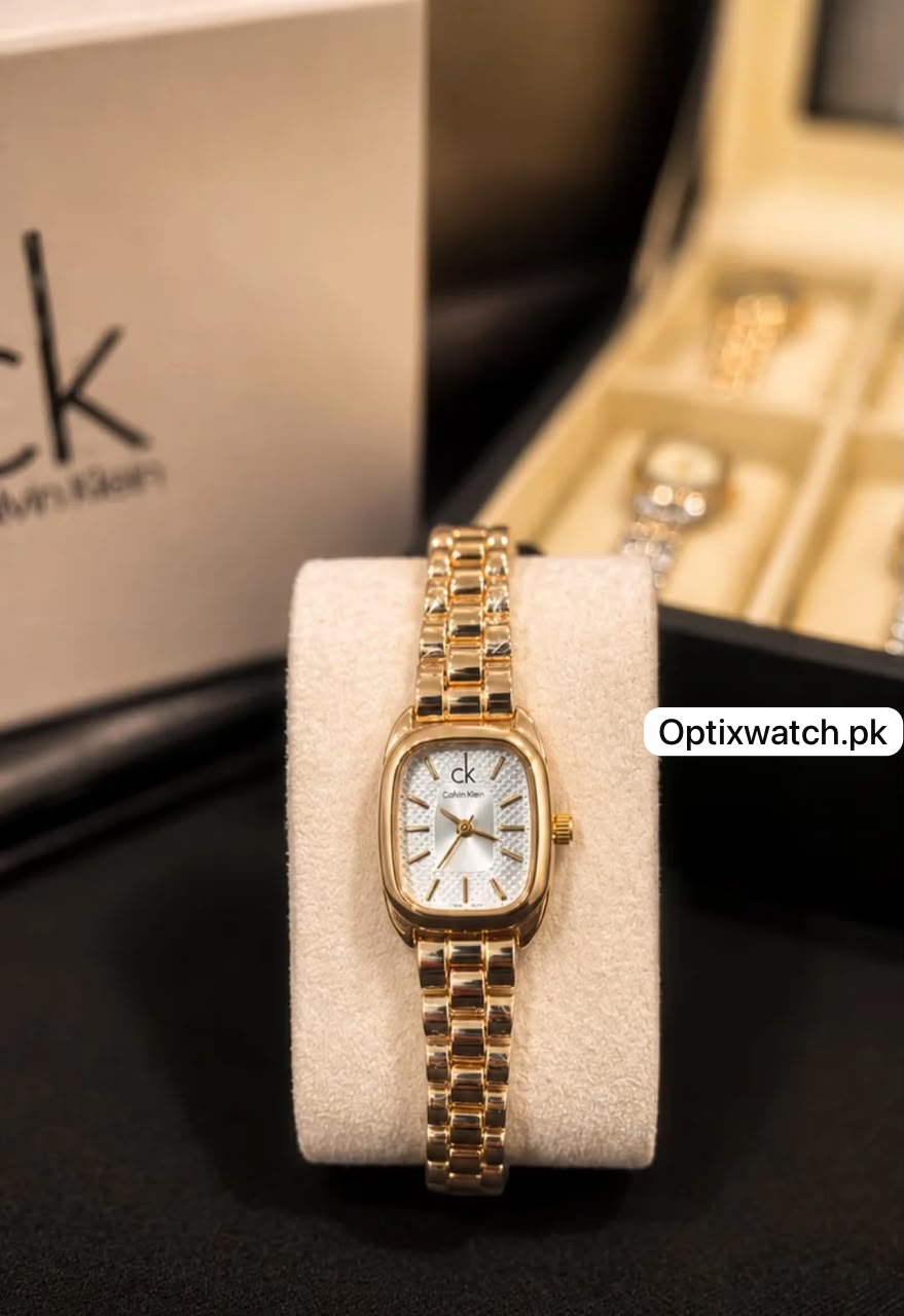 Calvin Klein Square Golden Chain White Dial With CK Box & One Year Warranty