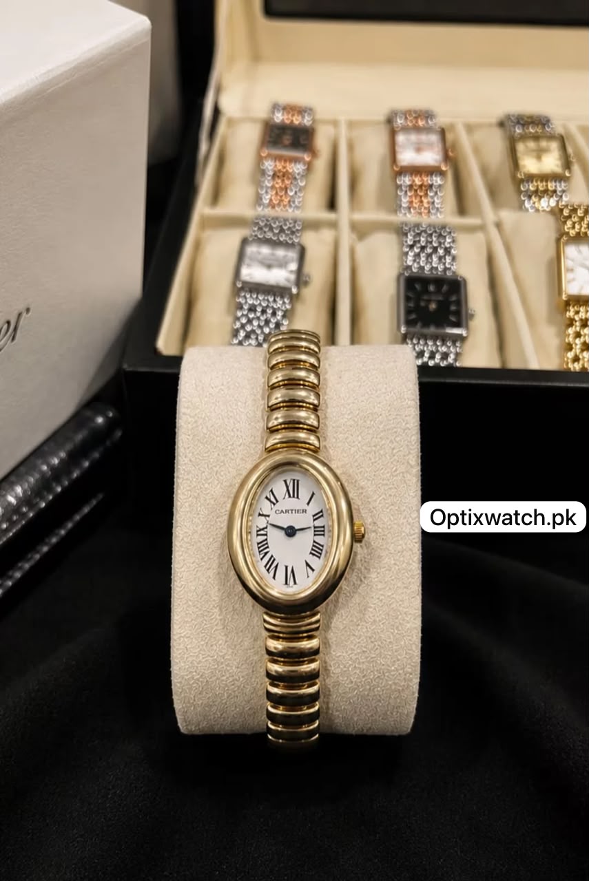 Cartier Oval Golden Chain White Dial With Cartier Box & One Year Warranty