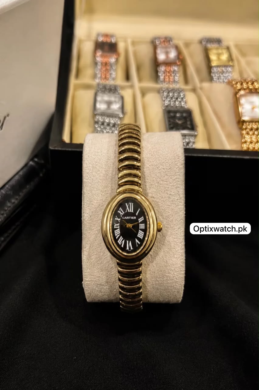 Cartier Oval Golden Chain Black Dial With Cartier Box & One Year Warranty