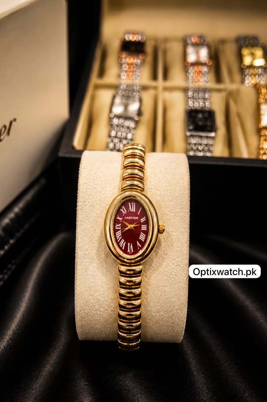 Cartier Oval Golden Chain Red Dial With Cartier Box & One Year Warranty